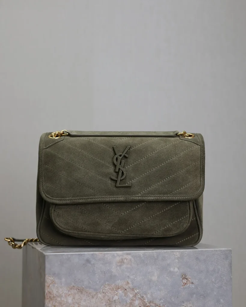 Olive Chevron Chain Flap Bag — front view
