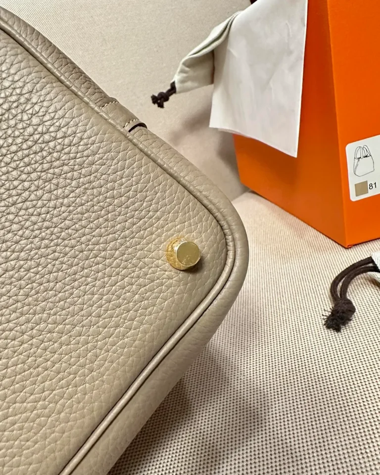 Picotin-Inspired 18 Beige Marfa Bucket Bag, base corner view