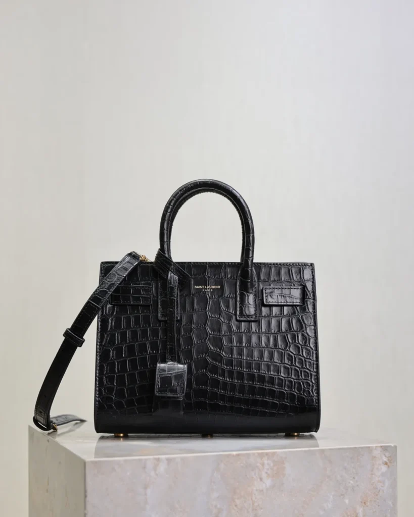 Black Embossed Accordion Tote — front view