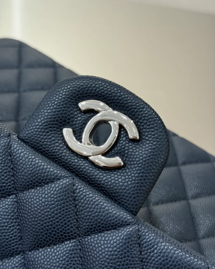 Slate Blue Quilted Chain Flap Bag — clasp detail view