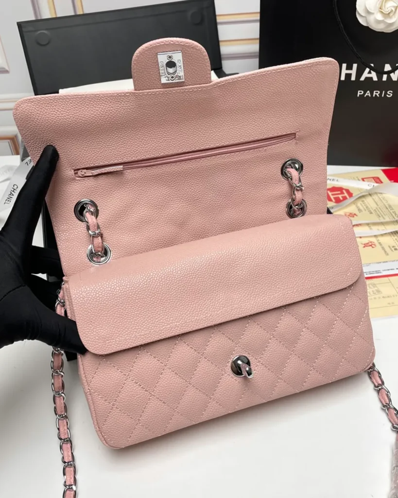 Pink Quilted Silver-Tone Chain Flap Bag — open flap view