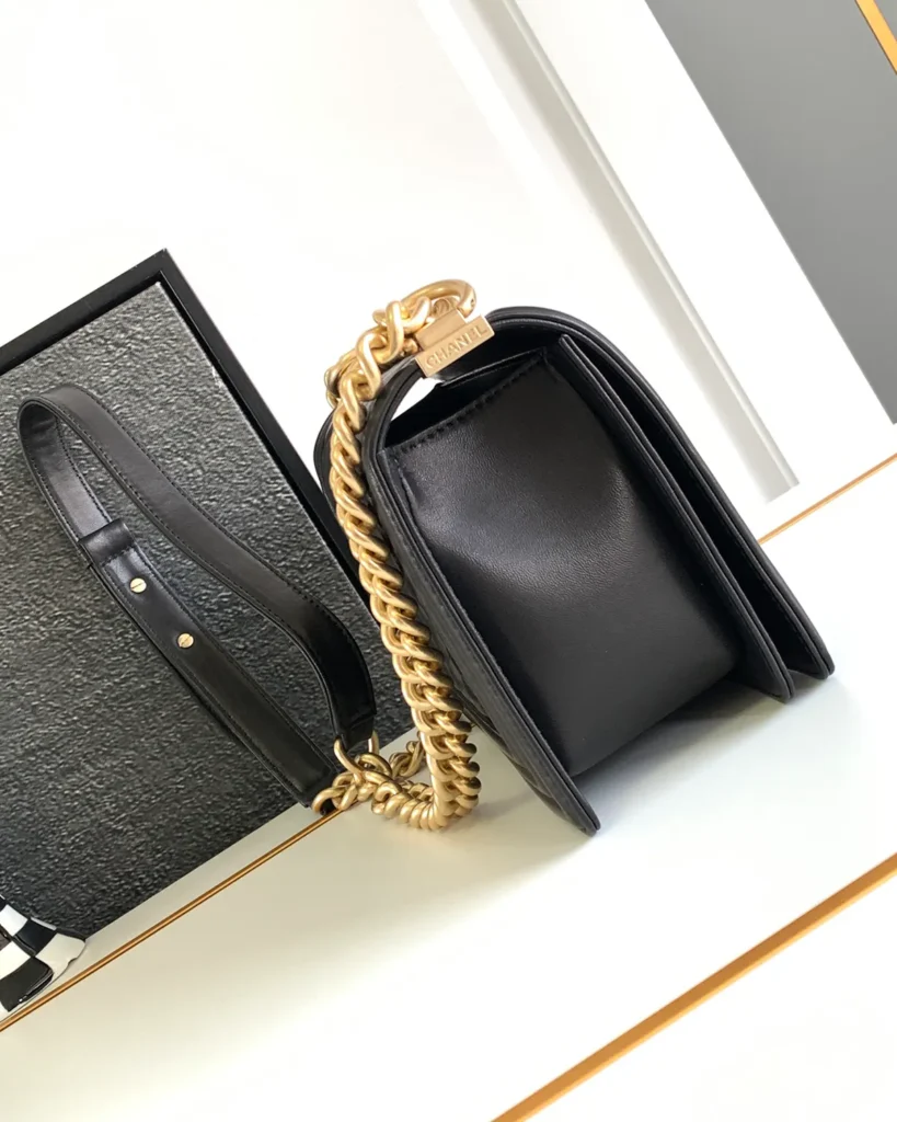 Black Quilted Frame Flap Chain Bag — side view