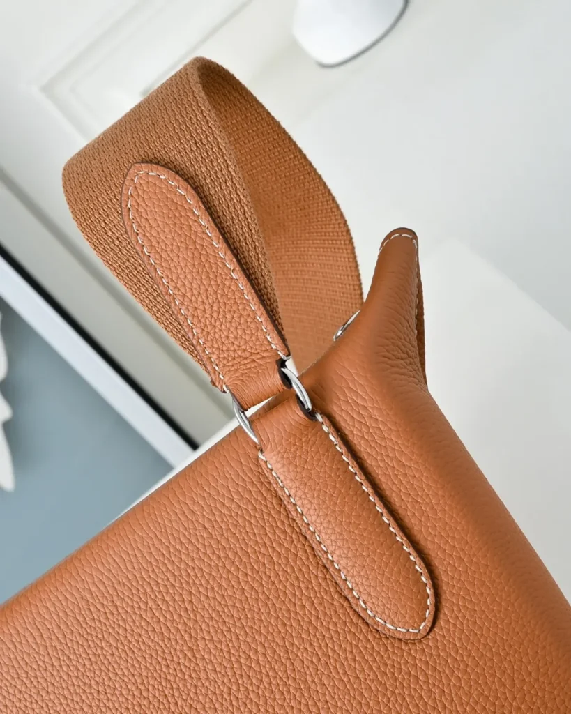 Videpoches-Inspired Tan Structured Crossbody Pouch, strap tab attachment