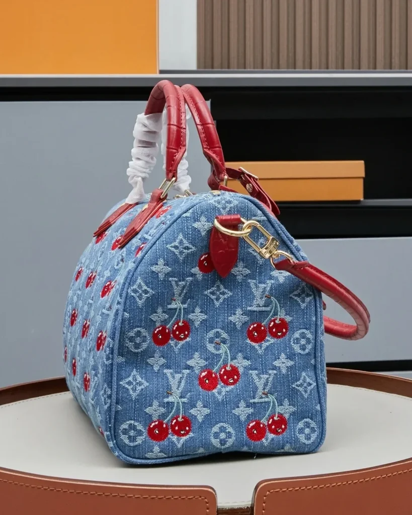 Cherry Denim Blue Speedy-Inspired Handbag — side view