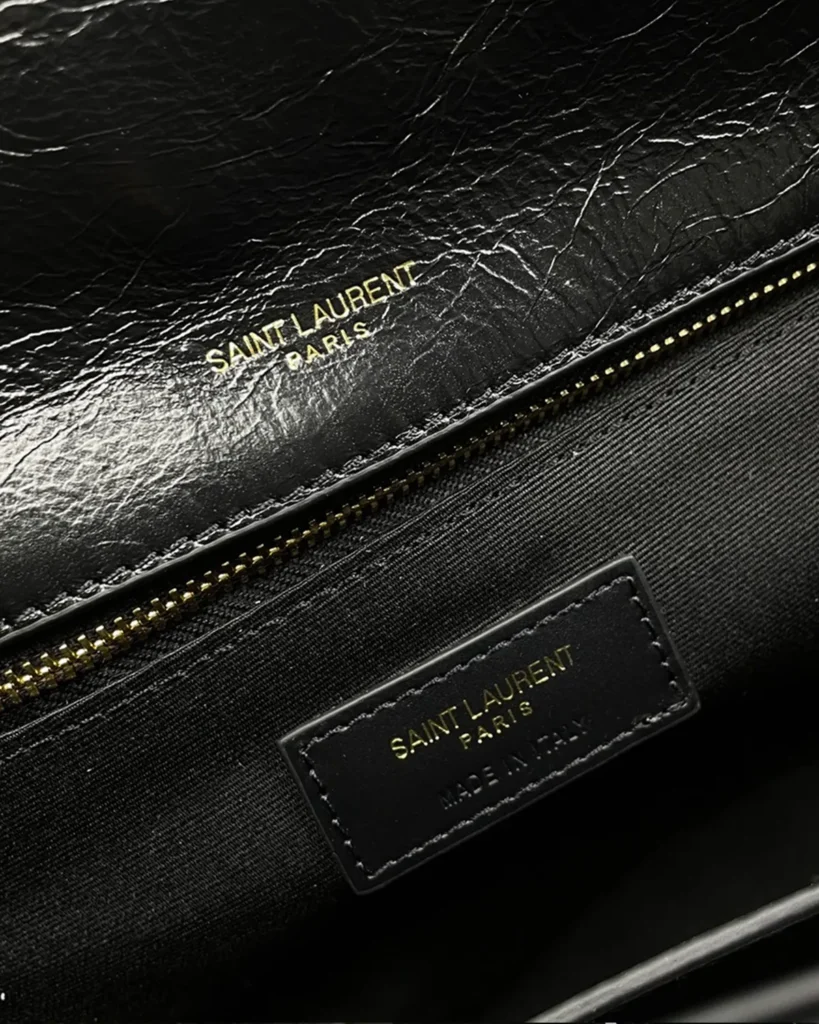 Black Crinkled Chevron Flap Shoulder Bag — interior label view