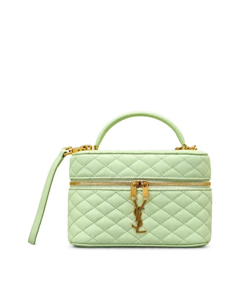 Pale Green Quilted Vanity Bag — front on plinth view