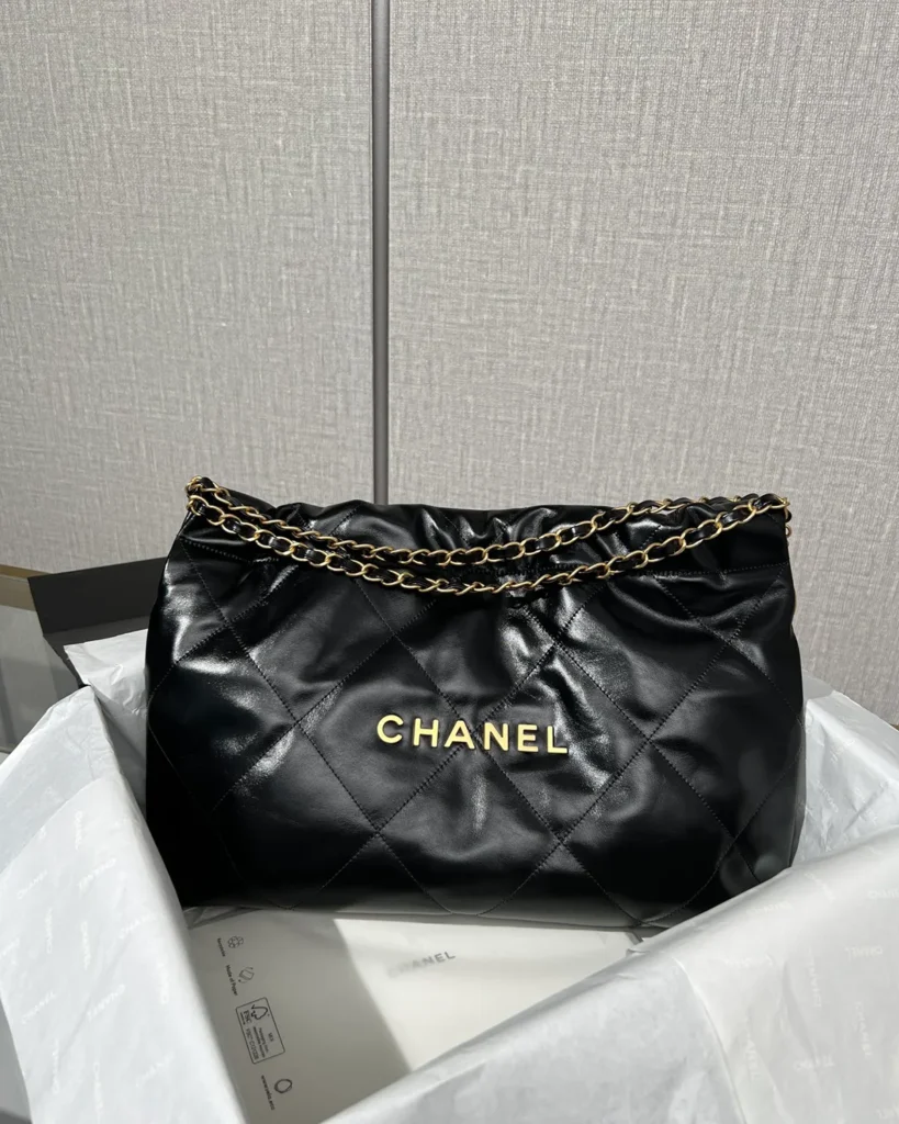 Glossy Black Quilted Chain Shopper — top front view