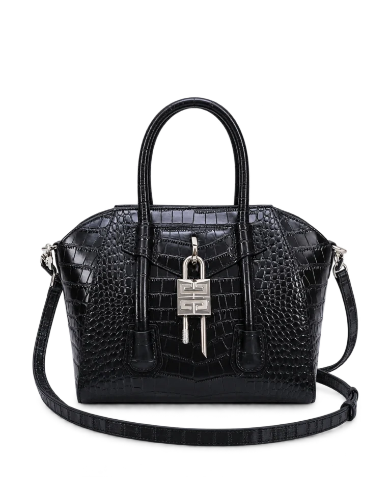 Black Scale-Texture Padlock Satchel — upright front view