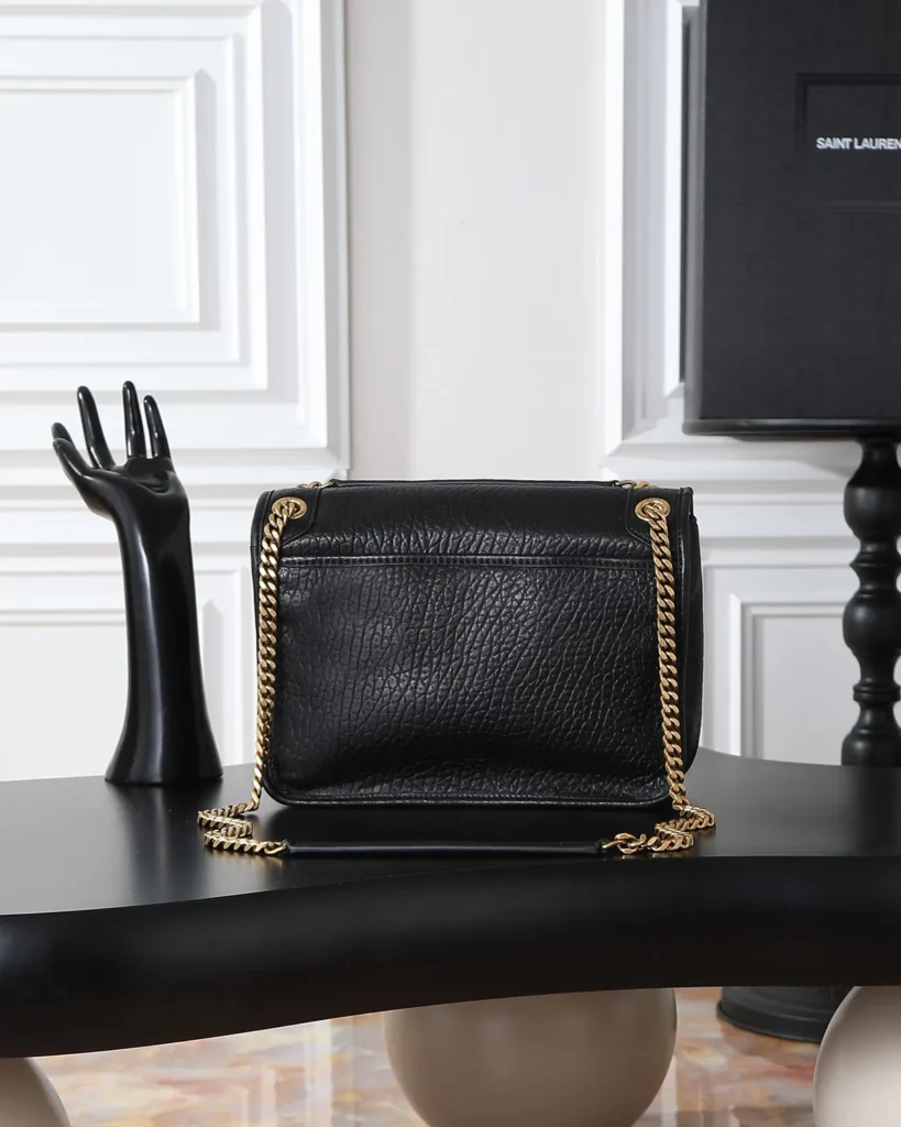 Black Pebbled Flap Chain Bag — rear view