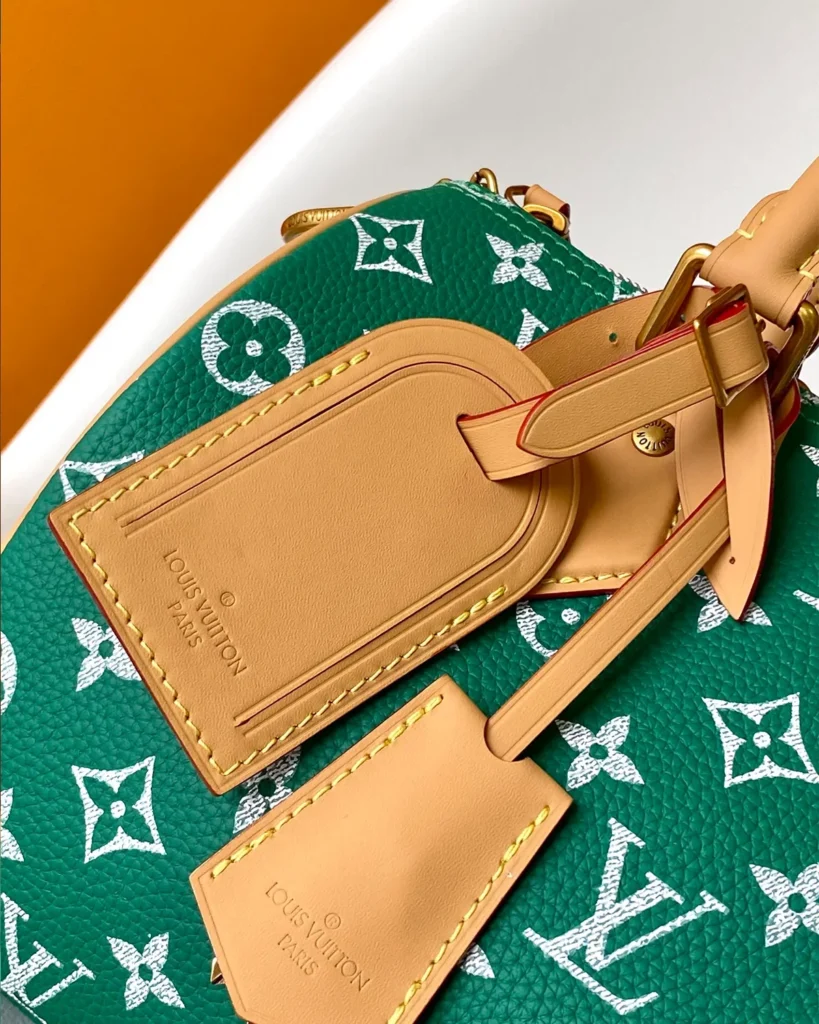 Green and White Monogram Duffle Bag — hanging tags view