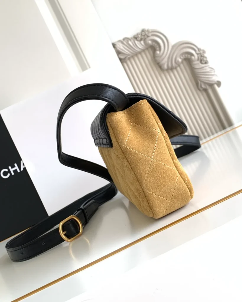 Tan and Black Quilted Flap Shoulder Bag — side view