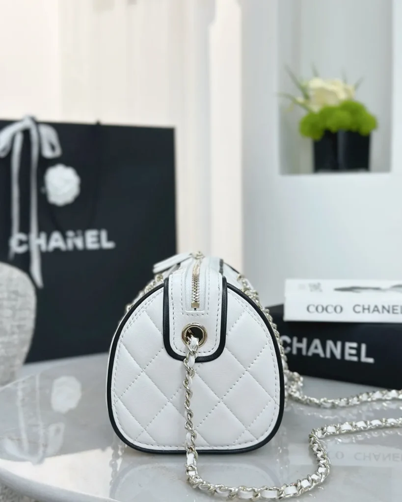 White and Black Quilted Chain Bowler Bag — side view