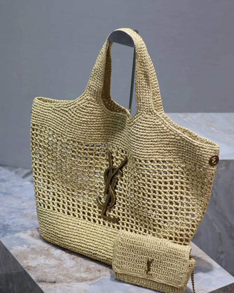 Natural-Tone Open-Weave Tote with Pouch — angled front view
