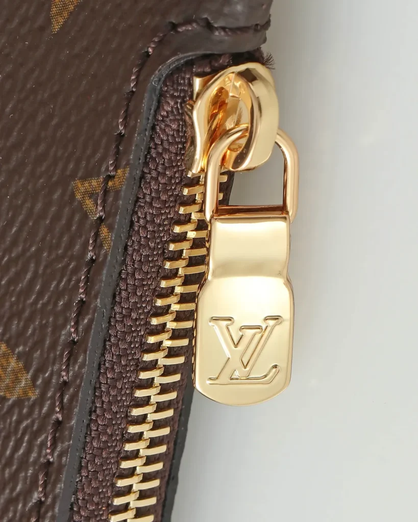 Brown Monogram Curved Top Bucket Bag — zipper view