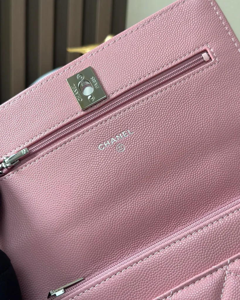 Rose Pink Quilted Top-Handle Chain Wallet — zip pocket view