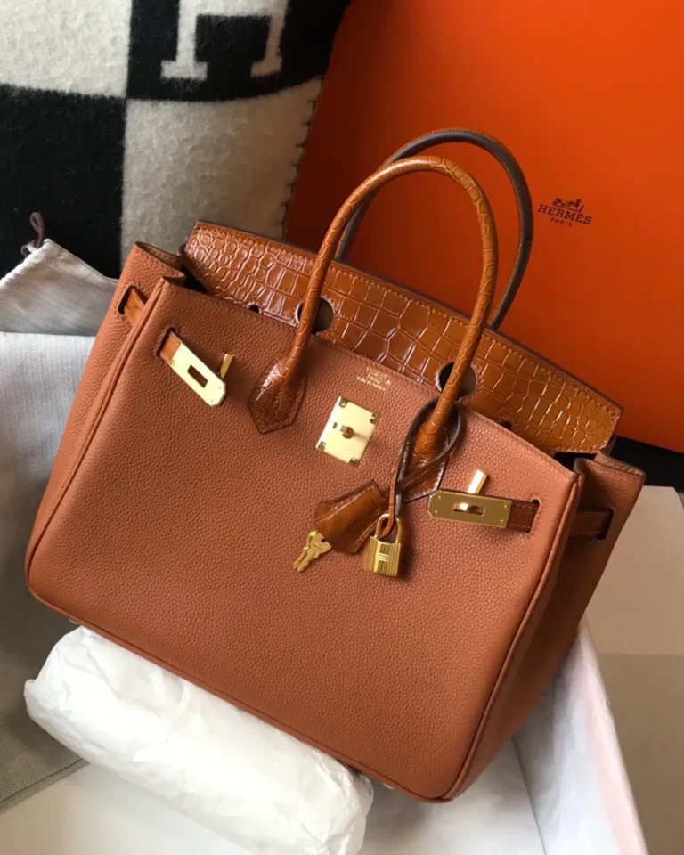 Birkin-Inspired 25 Gold Tan Mixed-Texture Tote, open fastening and hanging hardware