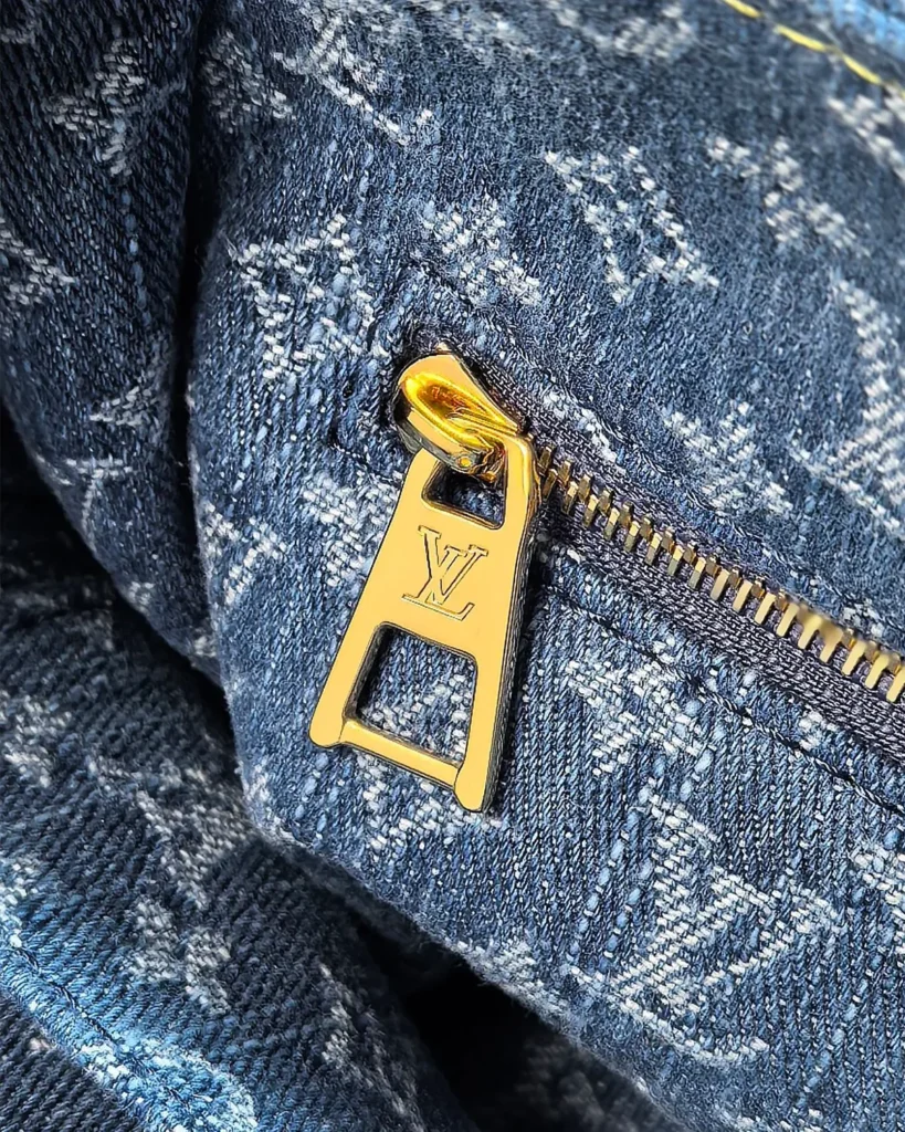 Blue Denim-Look Monogram Tote — zip detail view