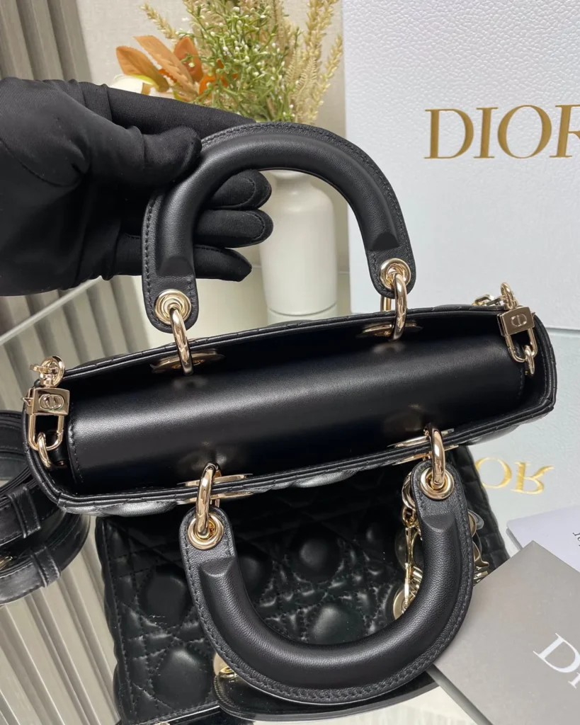 Black Quilted Chain Top Handle Bag — top view