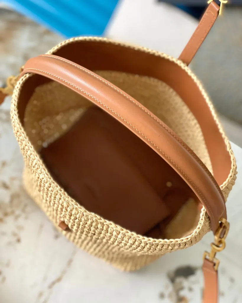 Straw-Tone Woven Bucket Bag with Tan Trim — interior view