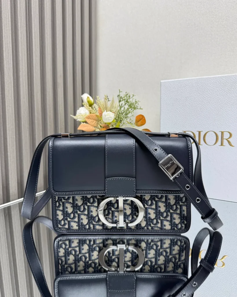 Navy Monogram Box Flap Bag — front view