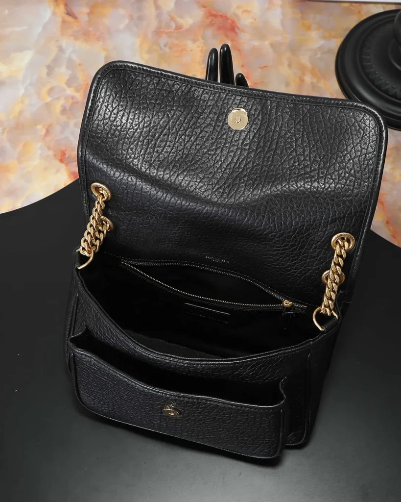 Black Pebbled Flap Chain Bag — interior view