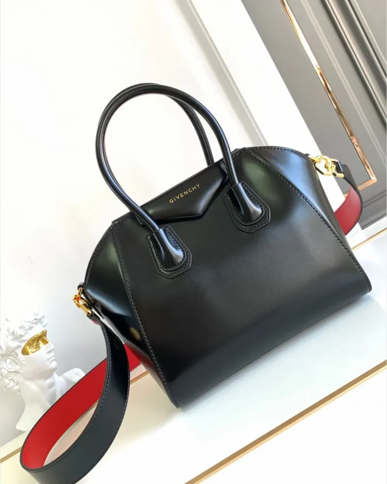 Black Red-Lined Twin-Handle Satchel — angled front