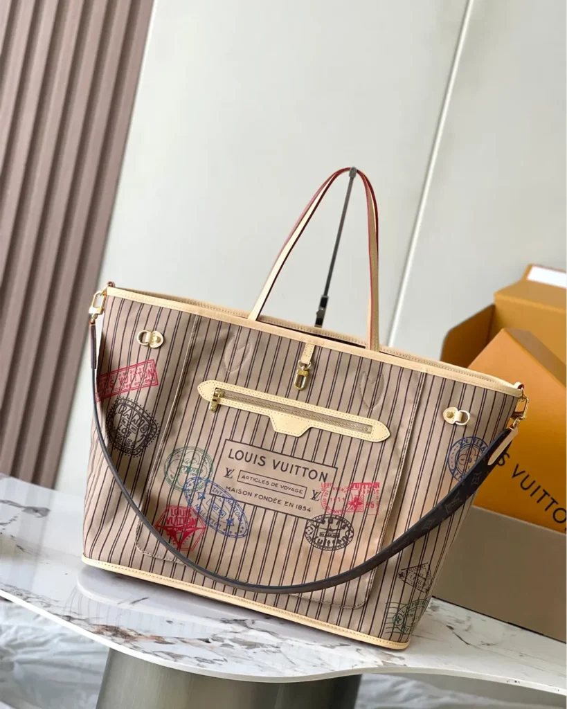 Beige Striped Stamp-Motif Reversible Tote — front view