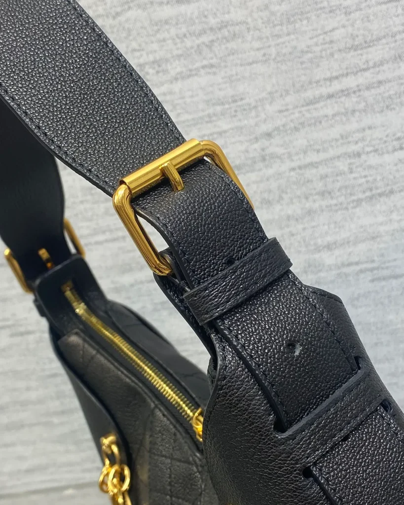 Black Soft Shoulder Bag with Letter Charms — strap buckle view