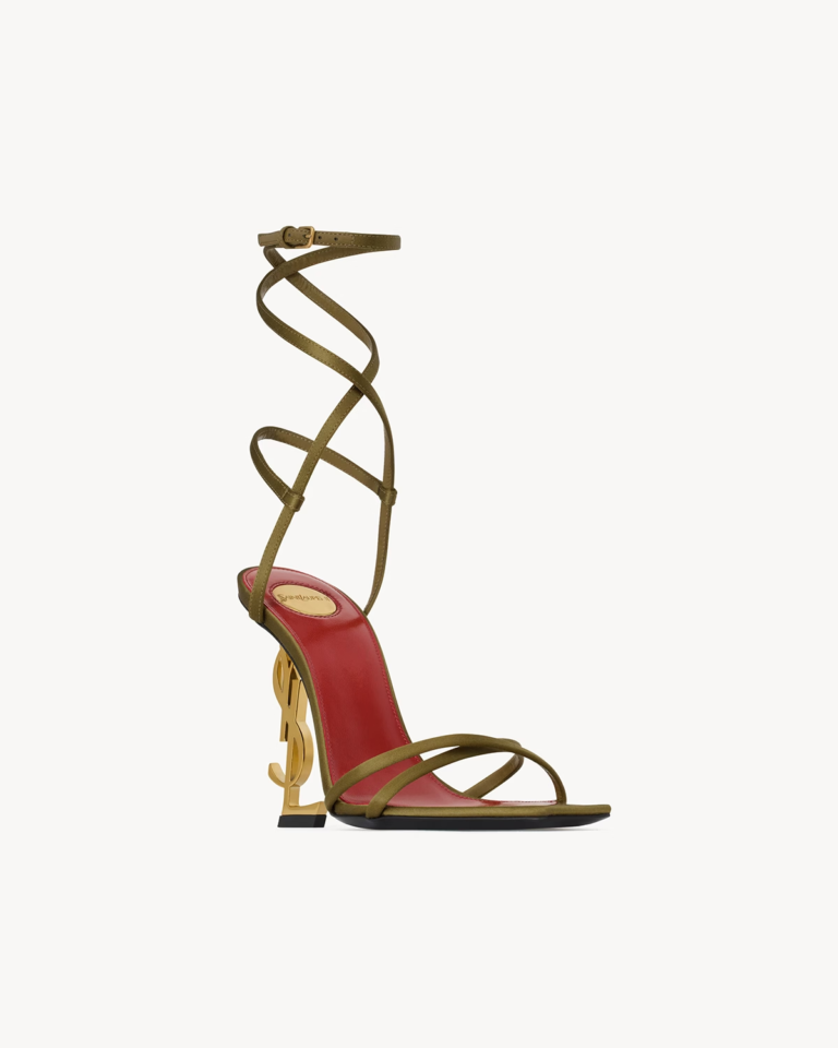 Olive Satin-Style Crisscross Sandals with Gold-Tone Cassandre-Style Heel