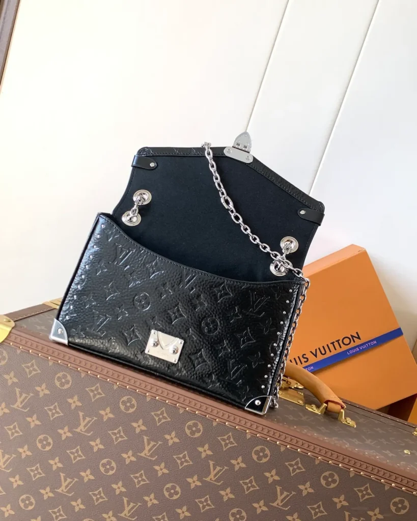 Black Embossed Chain Flap Bag — open flap view