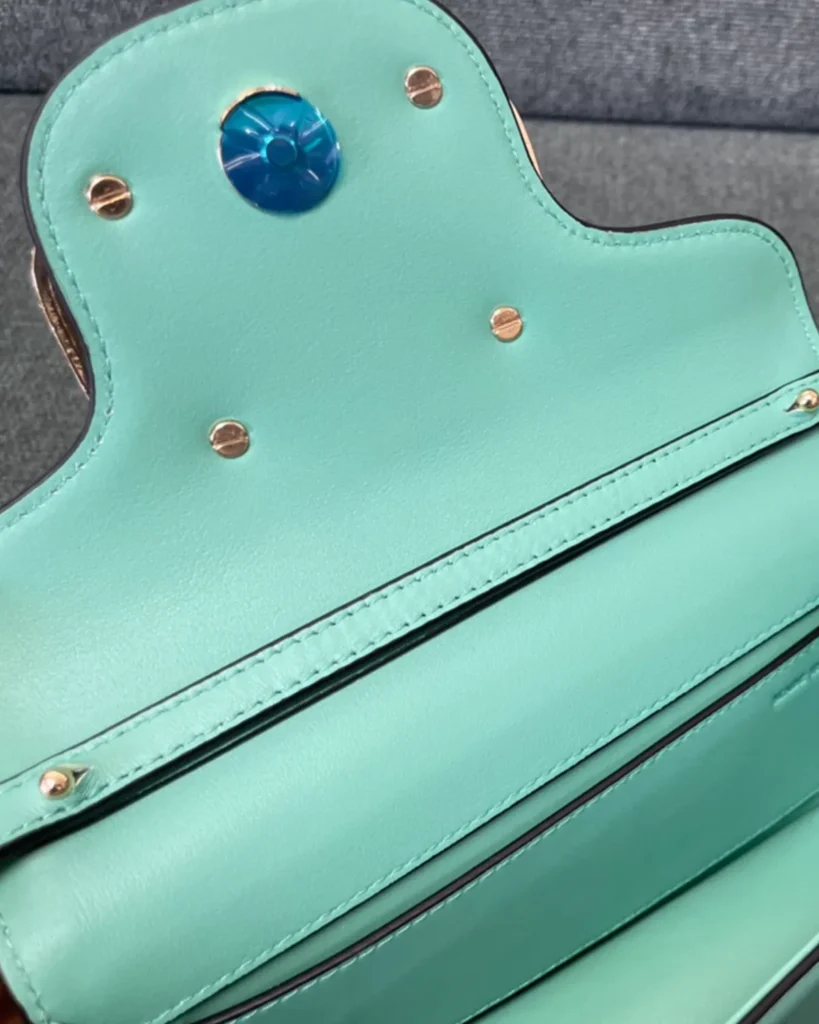 Mint Green Stone-Detail Flap Shoulder Bag — open flap view