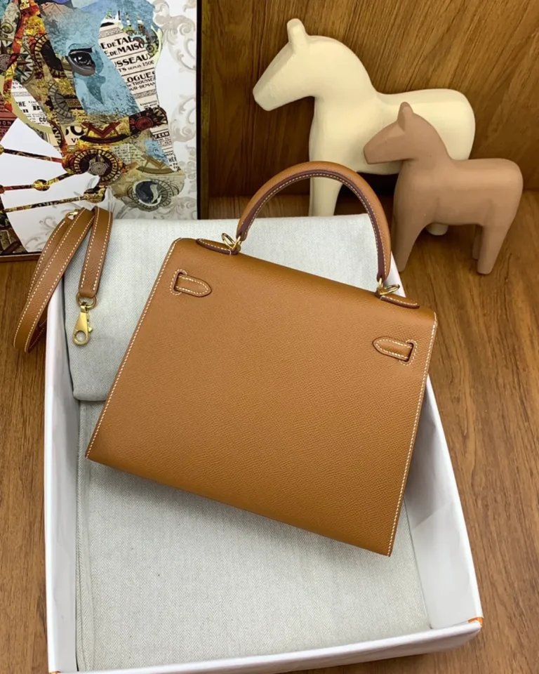 Kelly-Inspired 25 Gold Tan Structured Bag, rear angled view
