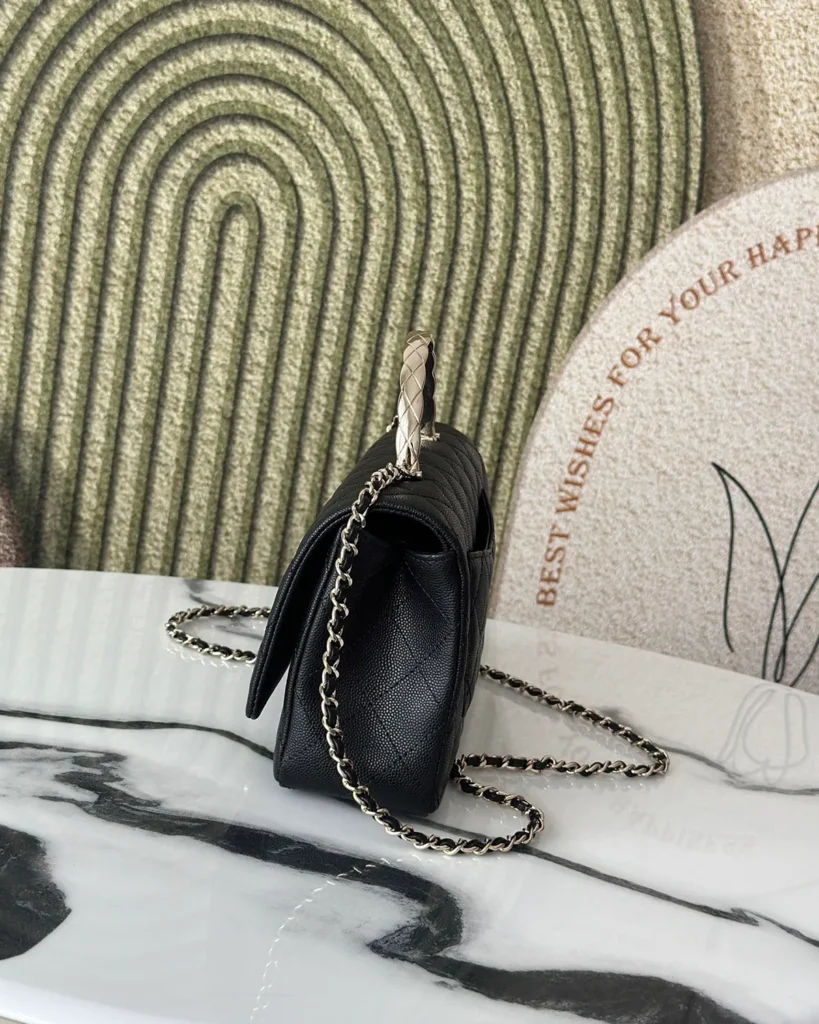 Black Quilted Metal-Handle Flap Bag — side view