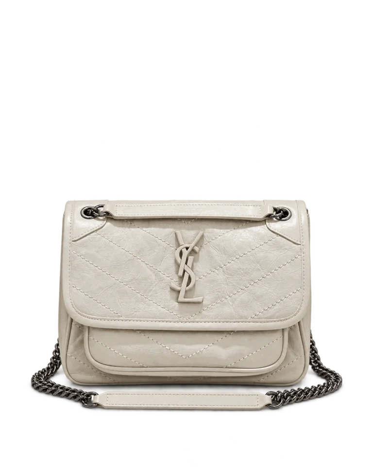 Ivory Crinkled Chevron Chain Bag — upright front view