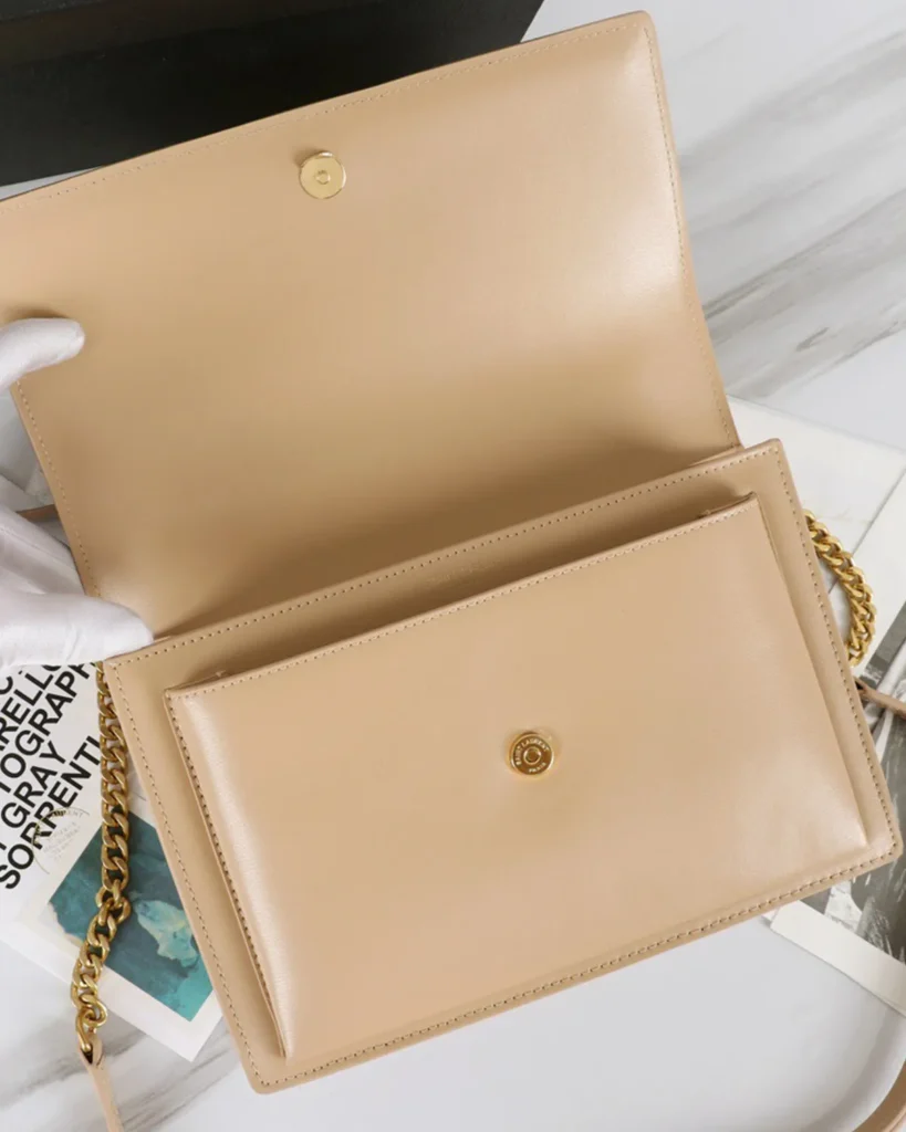 Beige Accordion Chain Flap Bag — open flap view