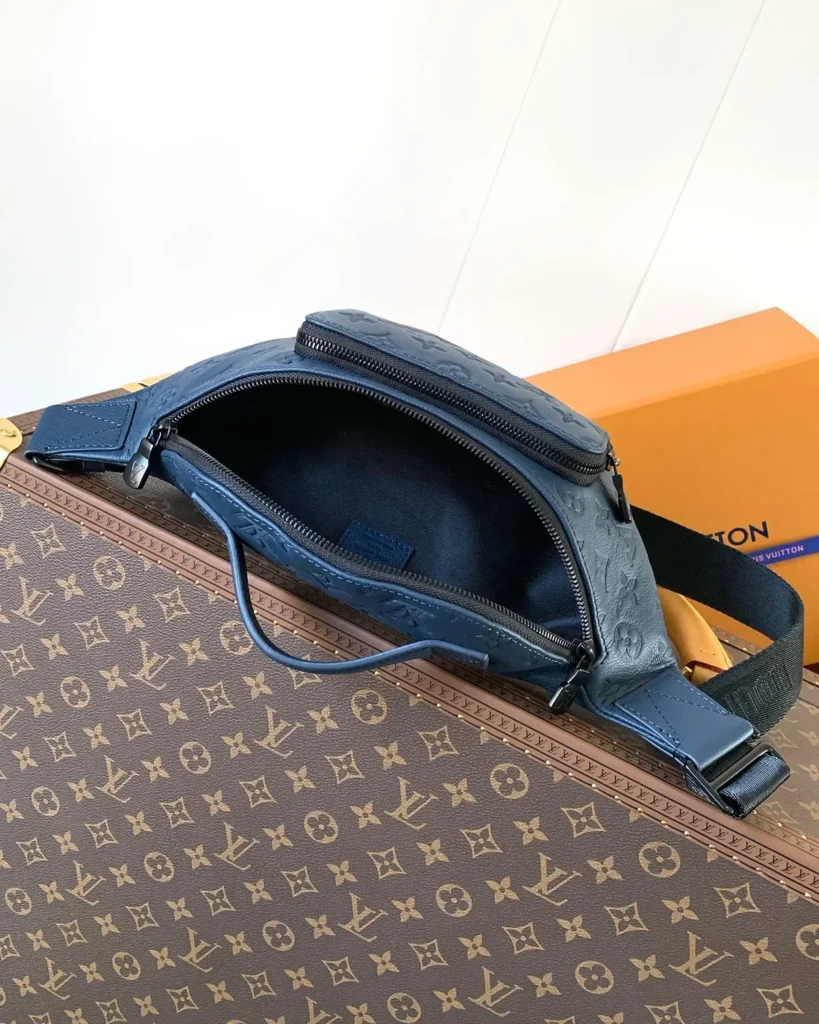 Dark Blue Embossed Monogram Waist Bag — interior view