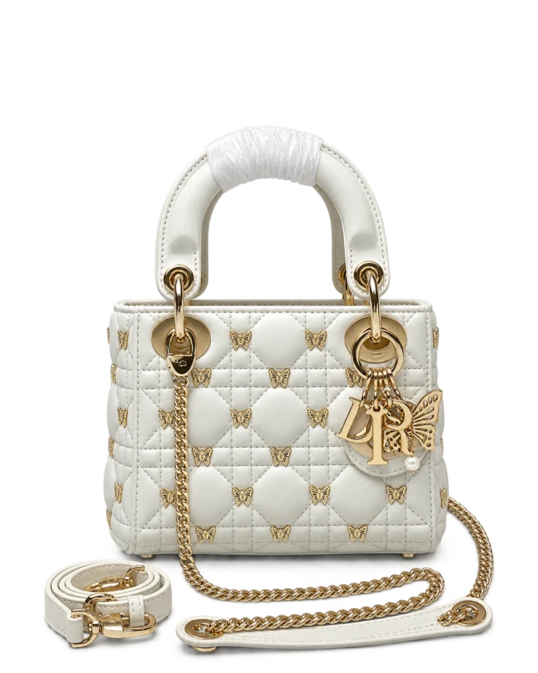 Ivory Butterfly Stud Quilted Top Handle Bag — upright front view