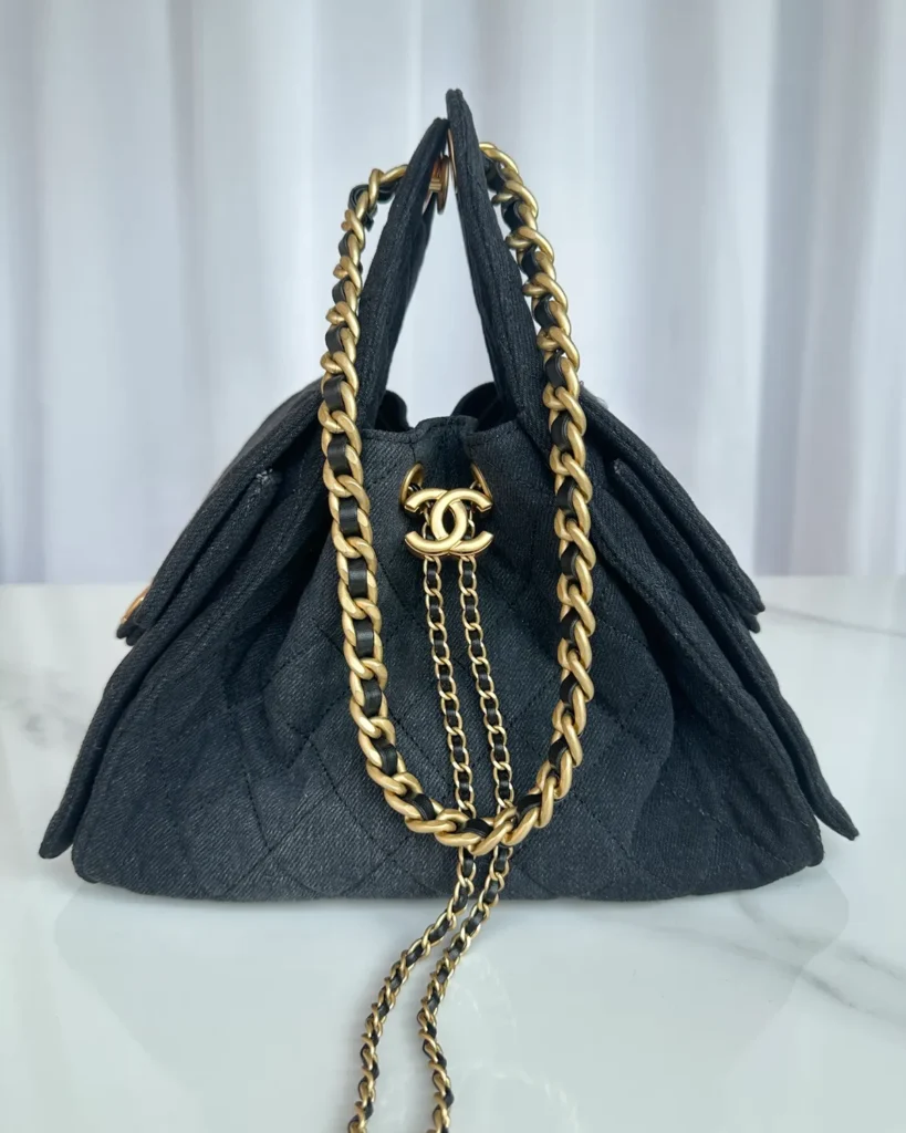 Dark Navy Quilted Chain Drawstring Tote — gathered front view