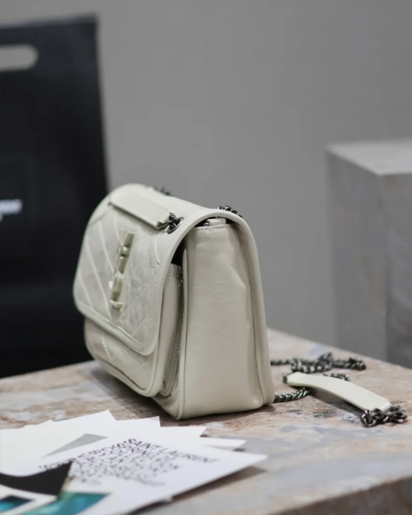 Ivory Crinkled Chevron Chain Bag — side view