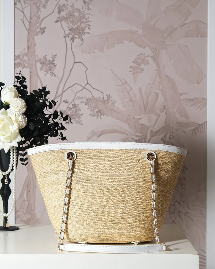 Natural-Tone Woven-Look White-Trim Tote — rear view