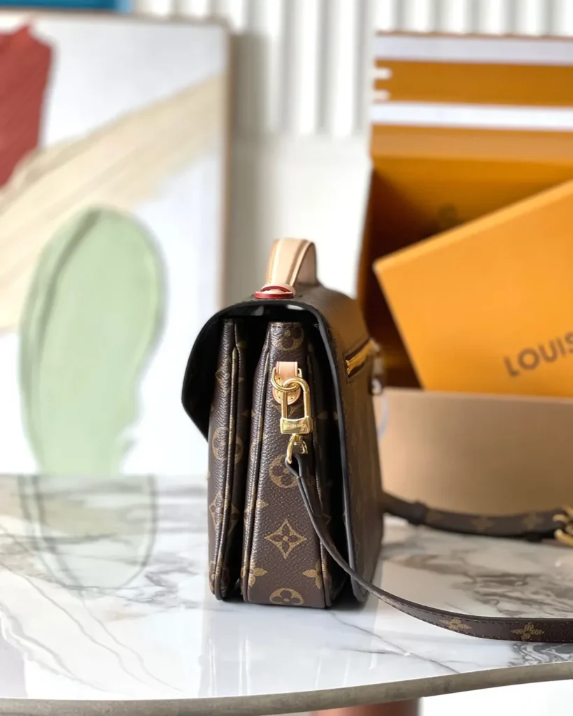 Brown Monogram Flap Satchel — side view