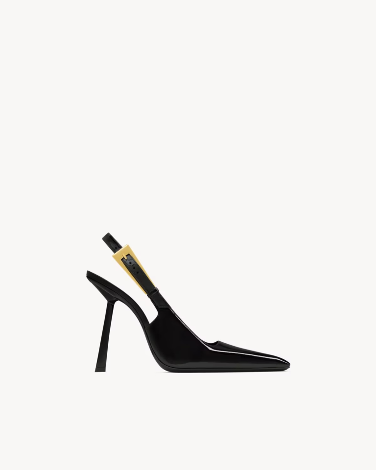 Black Patent-Style Slingback Pumps with Geometric Heel