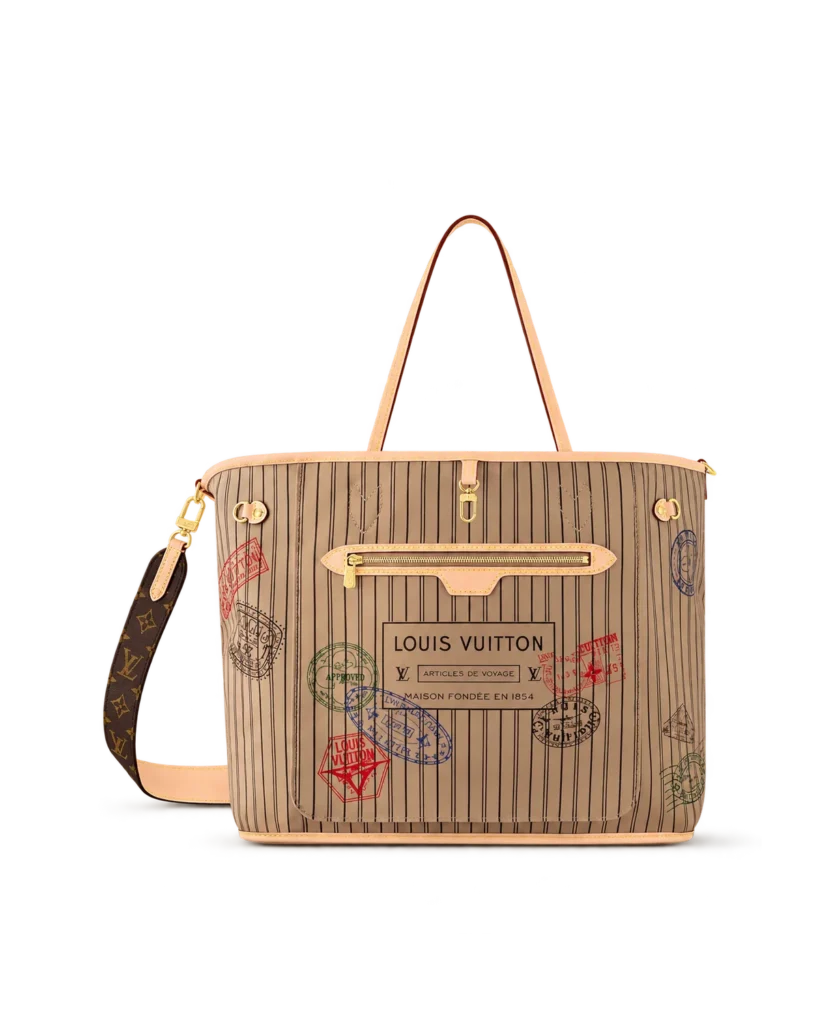 Beige Striped Stamp-Motif Reversible Tote — main view