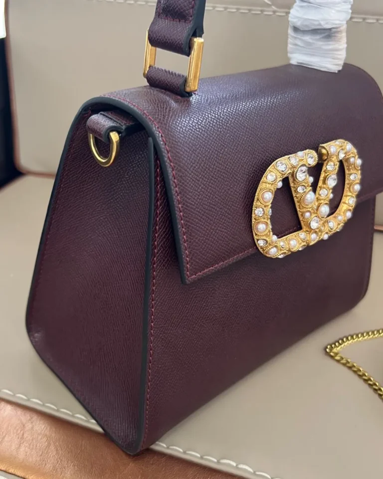 Burgundy Pearl-Effect Emblem Top-Handle Bag — side view