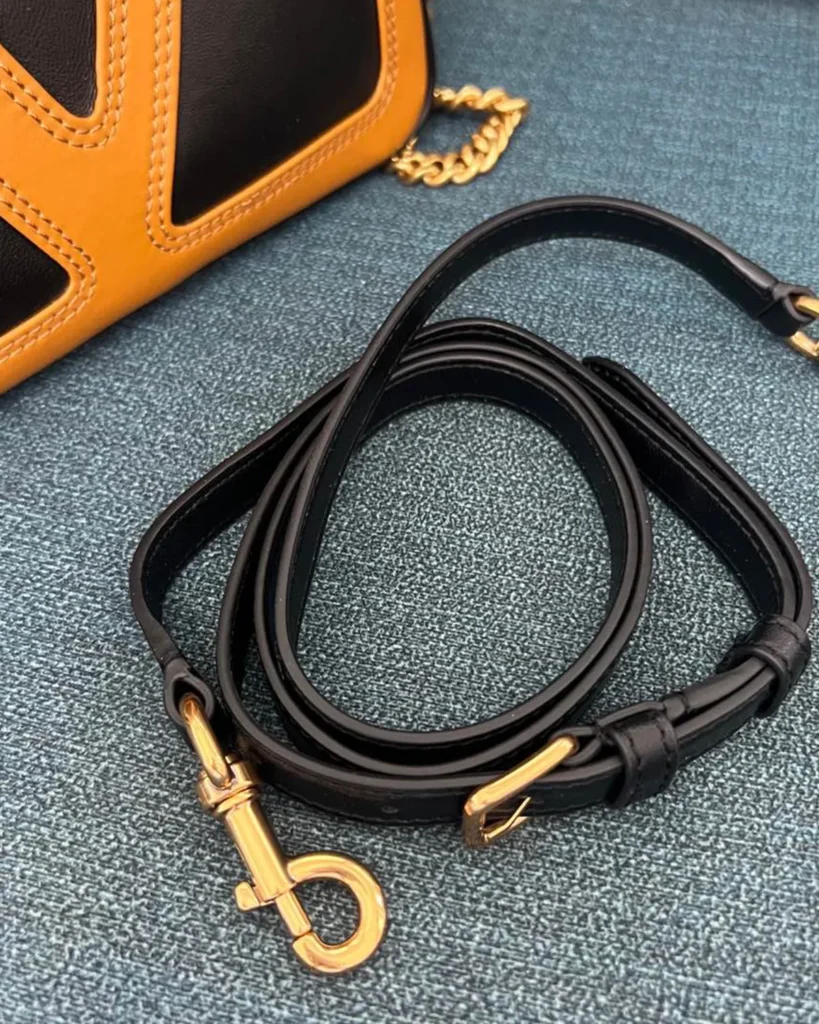 Black and Tan V-Panel Zip Top-Handle Bag — strap detail view