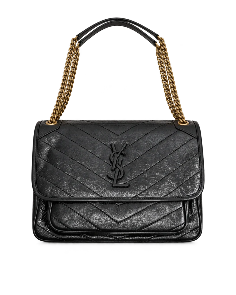Black Crinkled Chevron Flap Shoulder Bag — upright front view