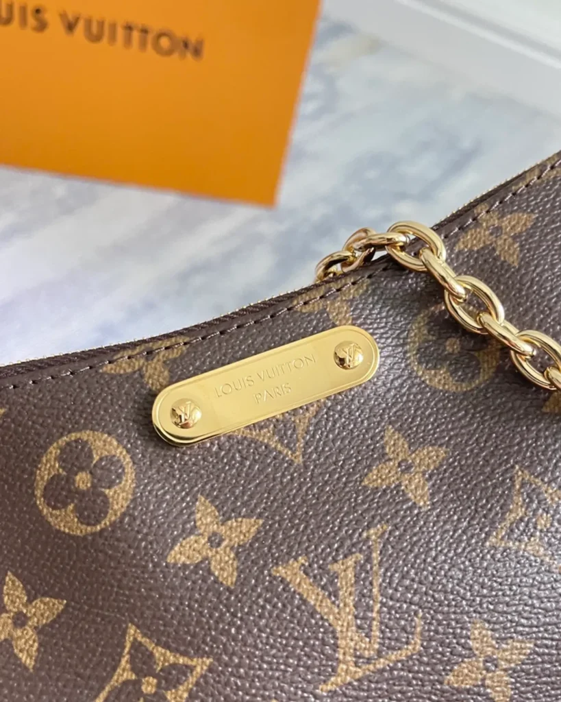 Brown Monogram Curved Zip Chain Pouch — plaque detail view