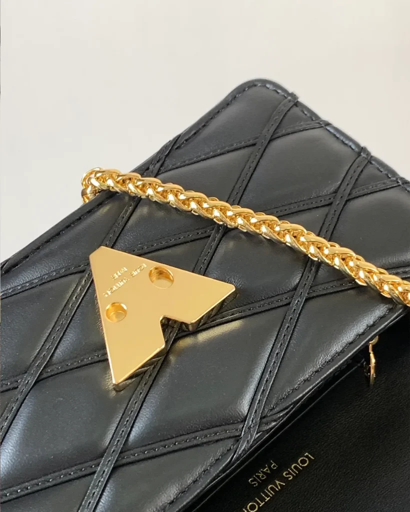 Black Quilted Chain Flap Bag — clasp view