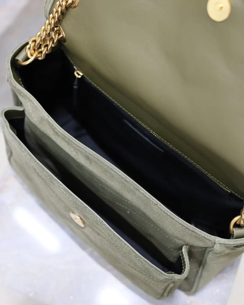 Olive Chevron Chain Flap Bag — interior view