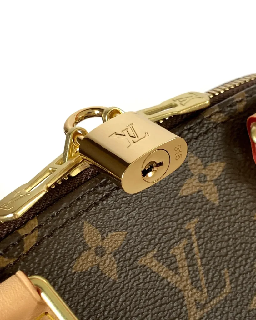 Brown Monogram Dome Satchel with Pale Trim — padlock view